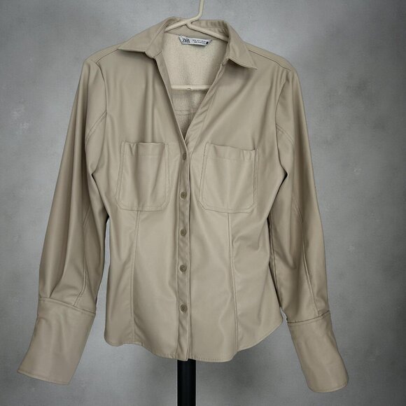 ZARA Faux Leather Button-Down Shirt- Cream Sz S - Picture 1 of 5